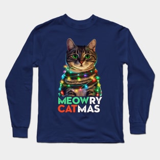 Meowry Catmas - Cat in Christmas Lights Long Sleeve T-Shirt